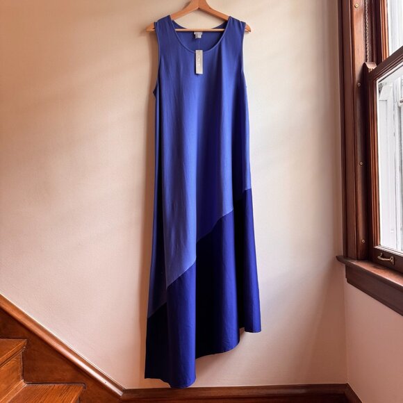 Chicos Colorblock Asymmetrical Maxi Dress Size 3 Cotton Poplin Nautical Blue - Picture 1 of 7